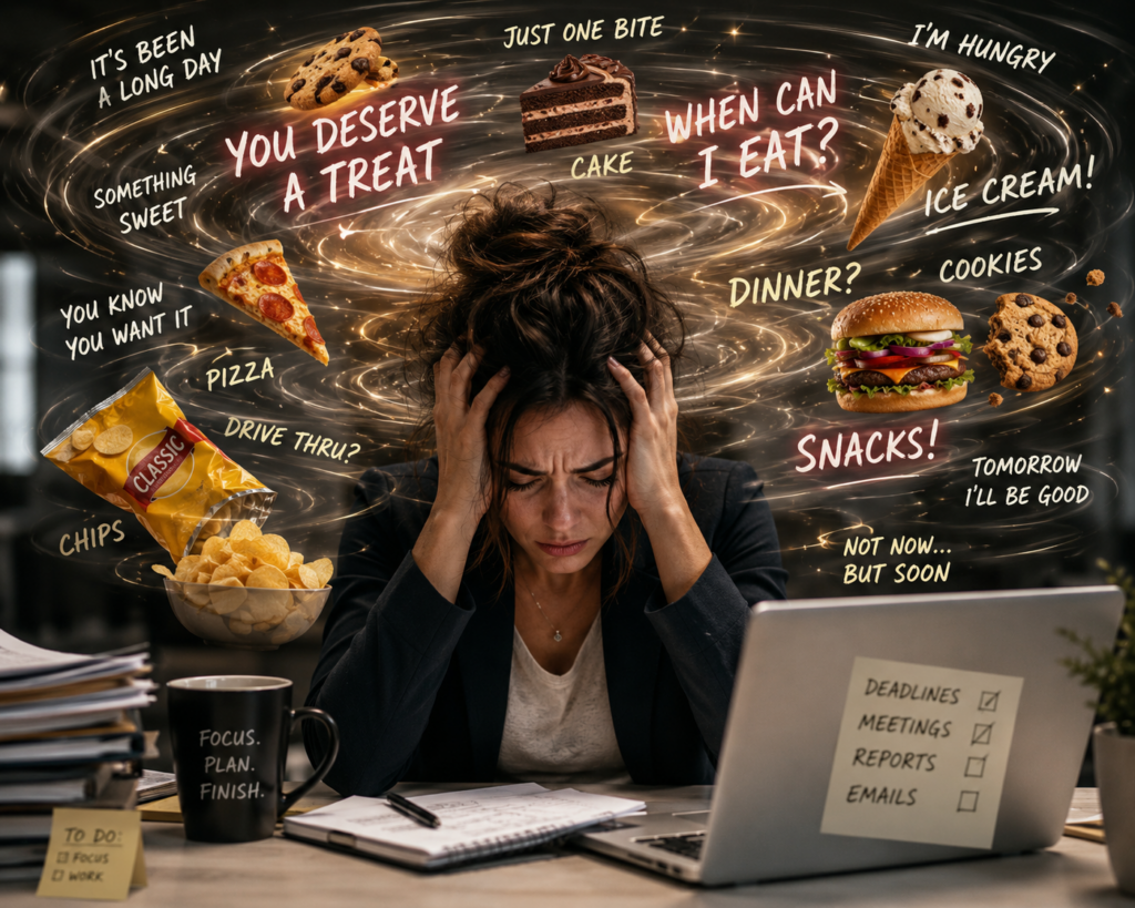 a woman sits frustrated in front of a computer with images of food swirling around her head and expressions like it's been a long day.
