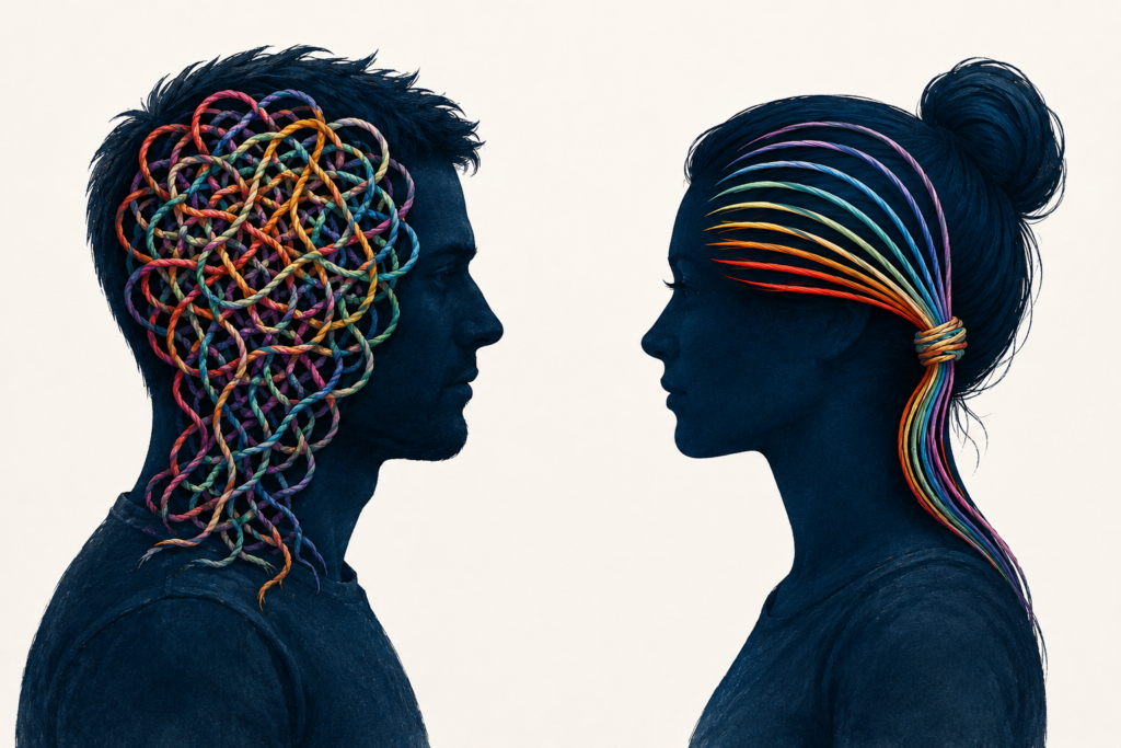 National Wellness Month: The 1 Hidden Reason Most Wellness Advice Starts Too Late 1 two silhouettes face each other, one with tangled knots in their brain, the other with clear threads in order. Confusion and frustration, next to clarity and wellness.