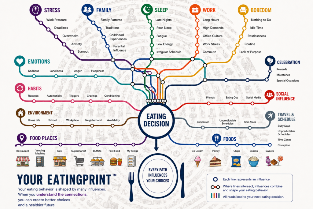 National Wellness Month: The 1 Hidden Reason Most Wellness Advice Starts Too Late 2 A train map which shows all the different influences on our eating decisions, such as environment, stress, work, travel, time.