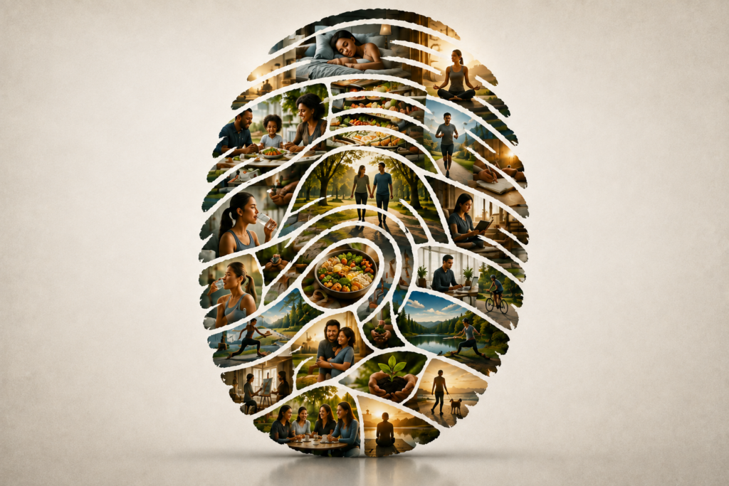 National Wellness Month: The 1 Hidden Reason Most Wellness Advice Starts Too Late 1 a fingerprint with micro pictures of people eating, playing,exercising working